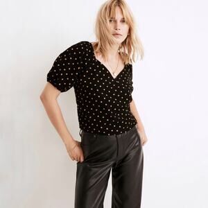 Madewell Women’s Corduroy Puff-Sleeve Wrap Top in Oval Dot Black Size XL
